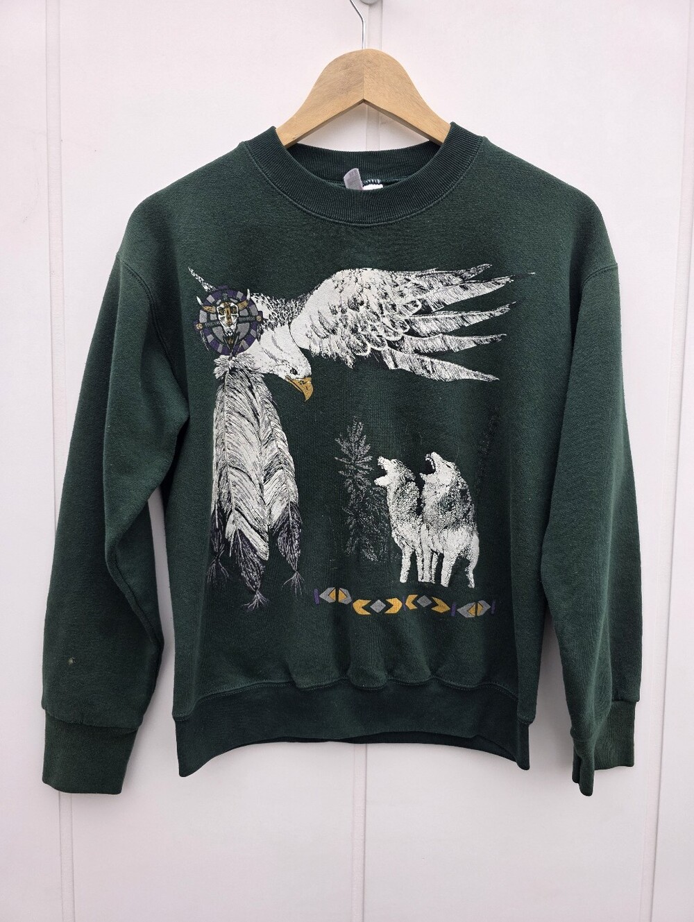 Vintage Wolf Eagle Tribal Crewneck Green Pullover Sweater Small